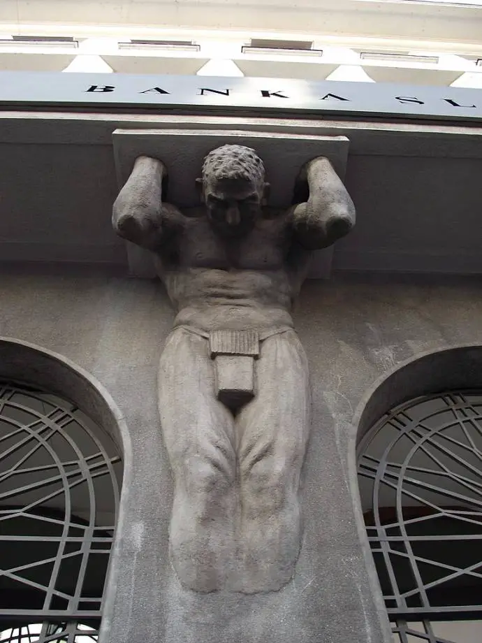 One of the &quot;telamonnes&quot; on the Banka Slovenije building, LJ, as created by the sculptor Franc Berneker