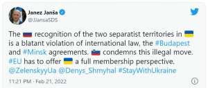Janša Condemns Russian Recognition of Separatist Regions in Ukraine