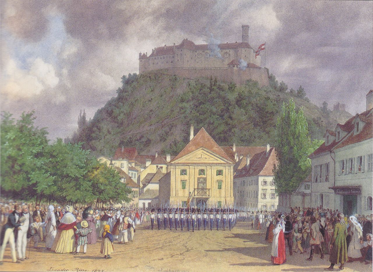 1280px-Leander_Russ_-_Parade_zur_Begrüßung_des_Kaisers_in_Laibach_-_1845.jpeg