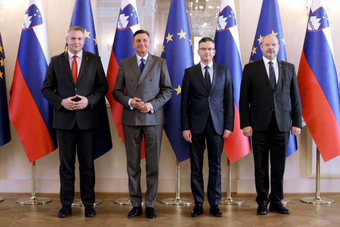 L to R, Speaker Dejan Židan, President Borut Pahor, Prime Minister Marjan Šarec, and National Council President Alojz Kovšca