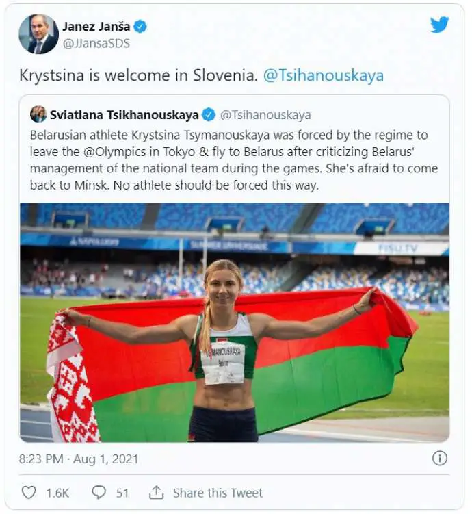 Slovenia Offers to Help Belarusian Athlete Tsimanouskaya
