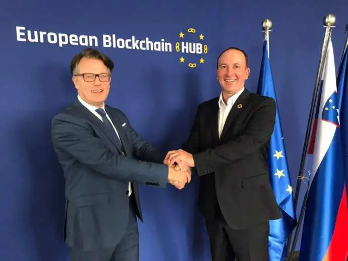 European Blockchain Hub&#039;s opening, Blaž Golob President and CEO, with Tadej Slapnik