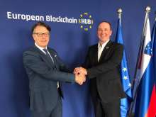 European Blockchain Hub's opening, Blaž Golob President and CEO, with Tadej Slapnik