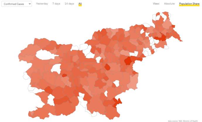 Confirmed cases by population share, showing the hotspot municipalities