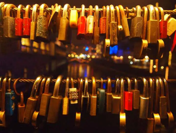 Locks on that bridge in Ljubljana, with Christmas lights