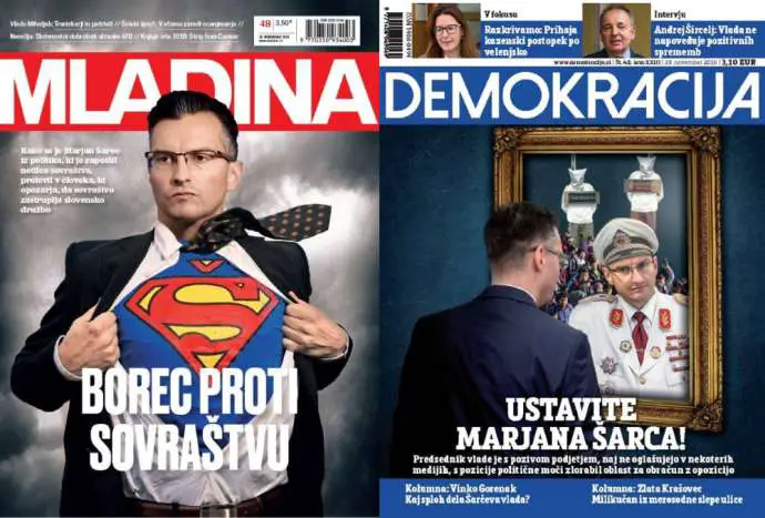 Mladina: A fighter against hatred. Demokracija: Stop Šarec