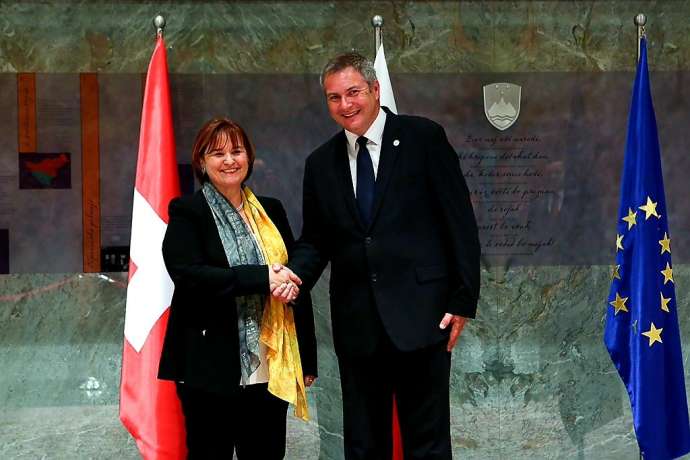 Marine Carobbio Guscetti, the speaker of the lower chamber of the Swiss National Assembly, and her counterpart Dejan Židan