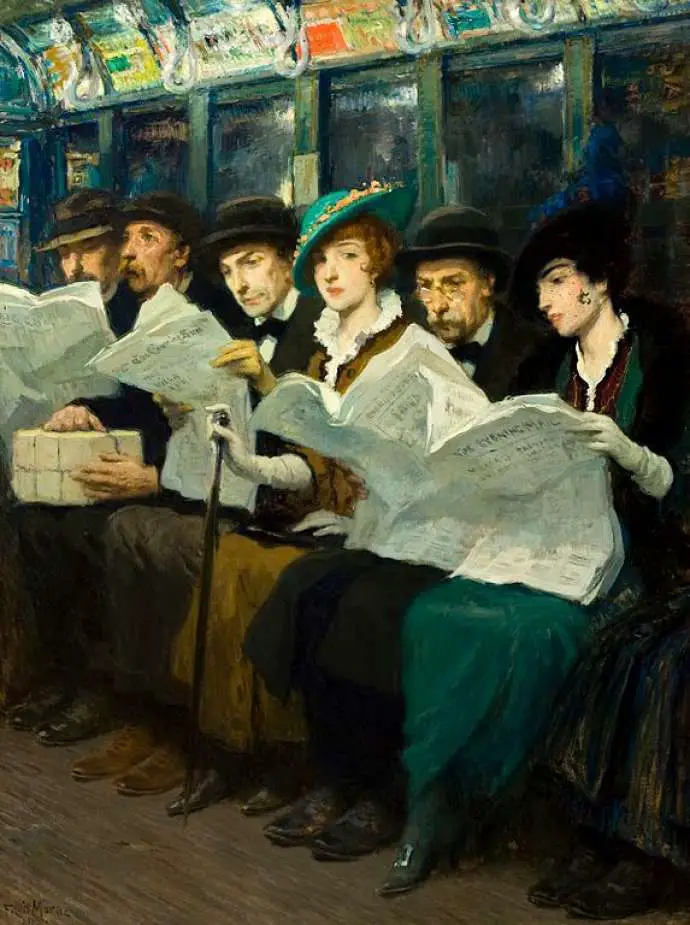 F. Luis Mora (1874-1940), Subway riders in New York City, aka Evening News (1914)