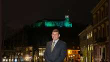 The Irish Minister of State for Food, Forestry and Horticulture Andrew Doyle in Ljubljana, with the Castle turned green for St Patrick