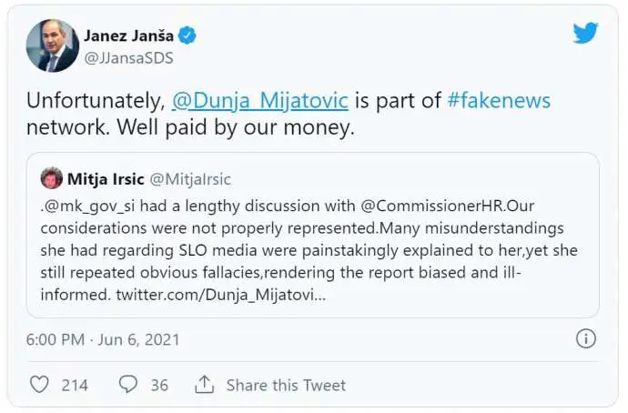 Intl Journalist Associations Condemn Janša&#039;s Tweet  on Council of Europe Commissioner for Human Right