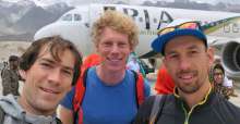 Aleš Česen, Tom Livingstone and Luka Stražar on arrival at Skardu on 07/07/2018