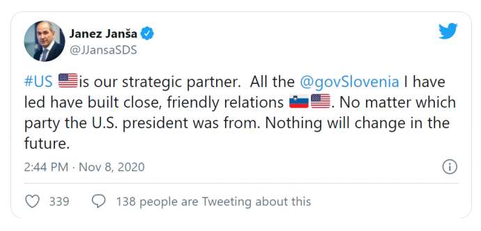 Janša Says US Remains Strategic Partner, Doesn’t Yet Acknowledge Biden as President-Elect