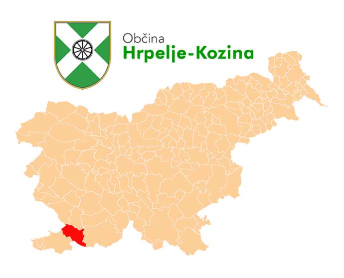 The coat of arms and location of Hrpelje - Kozina