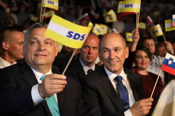 Orban on the left and Janša on the right, during a recent SDS event