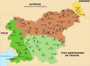 Green: Italian (Old gains from the WWI and the new gains of the WWII), Brown: German, Yellow: Hungarian 