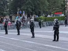 Police in Trg republike (Republic Square) in front of Parliament, Ljubljana