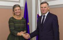 European Competition Commissioner Margrethe Vestager and Slovenia's Finance Minister Andrej Bertoncelj