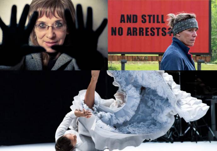 Clockwise from top left: Svetlana Makarovič; Three Billboards Outside Ebbing, Missouri; and Rocío Molina