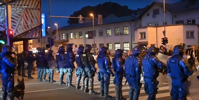Police line the street in Ljubljana