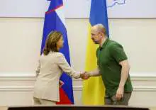 Slovenia's FM Tanja Fajon and Ukraine's PM Denys Shmyhal