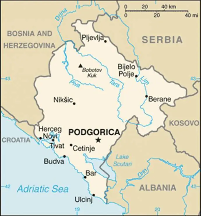 Map of Montenegro from the CIA Factbook