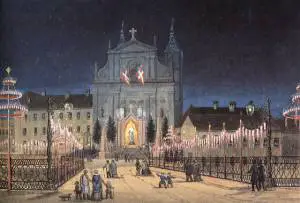 The church just before Emperor Franc Jozef&#039;s visit, shown in in 1856 painting.